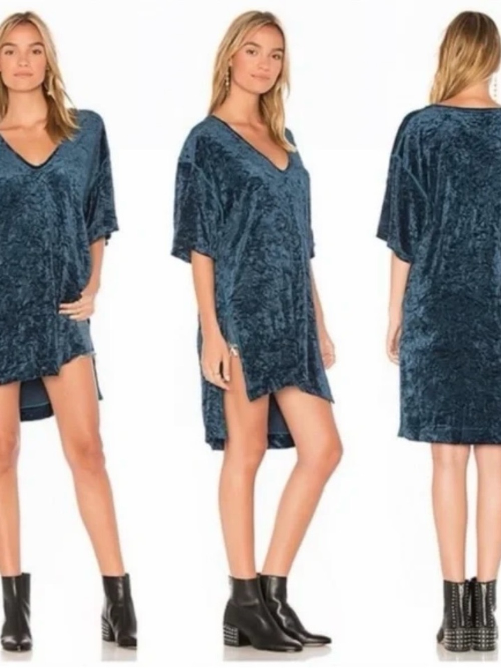 Free People -Crushed Velvet V-Neck Shift Dress in Teal